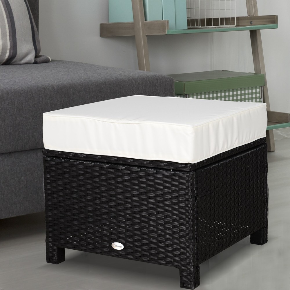 Outsunny Modern Rectangle Rattan Wicker Ottoman Footrest Beige Medium