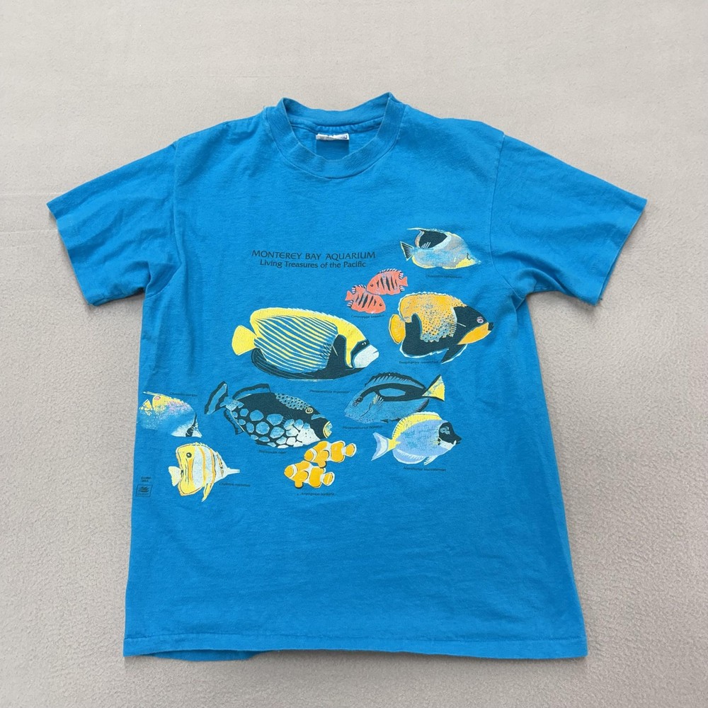 Vintage Hanes Shirt Mens Medium Blue Monterey Bay Aquarium Fish 1988 Ocean Tee
