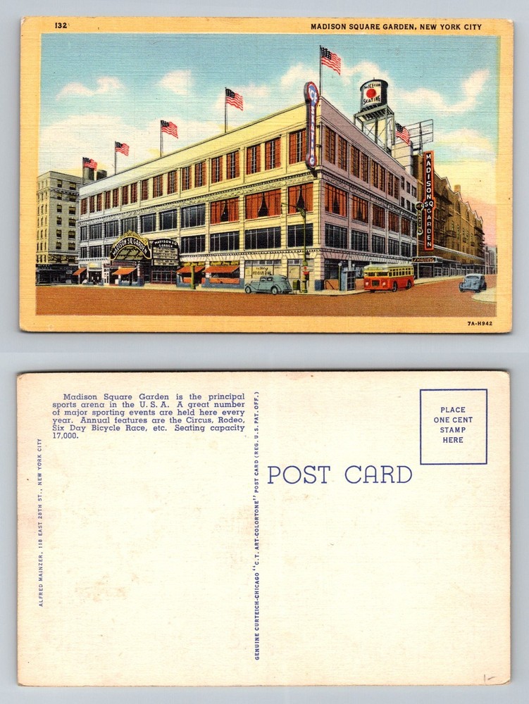 New York City NY, Madison Square Garden Flags Entrance Vintage Postcard