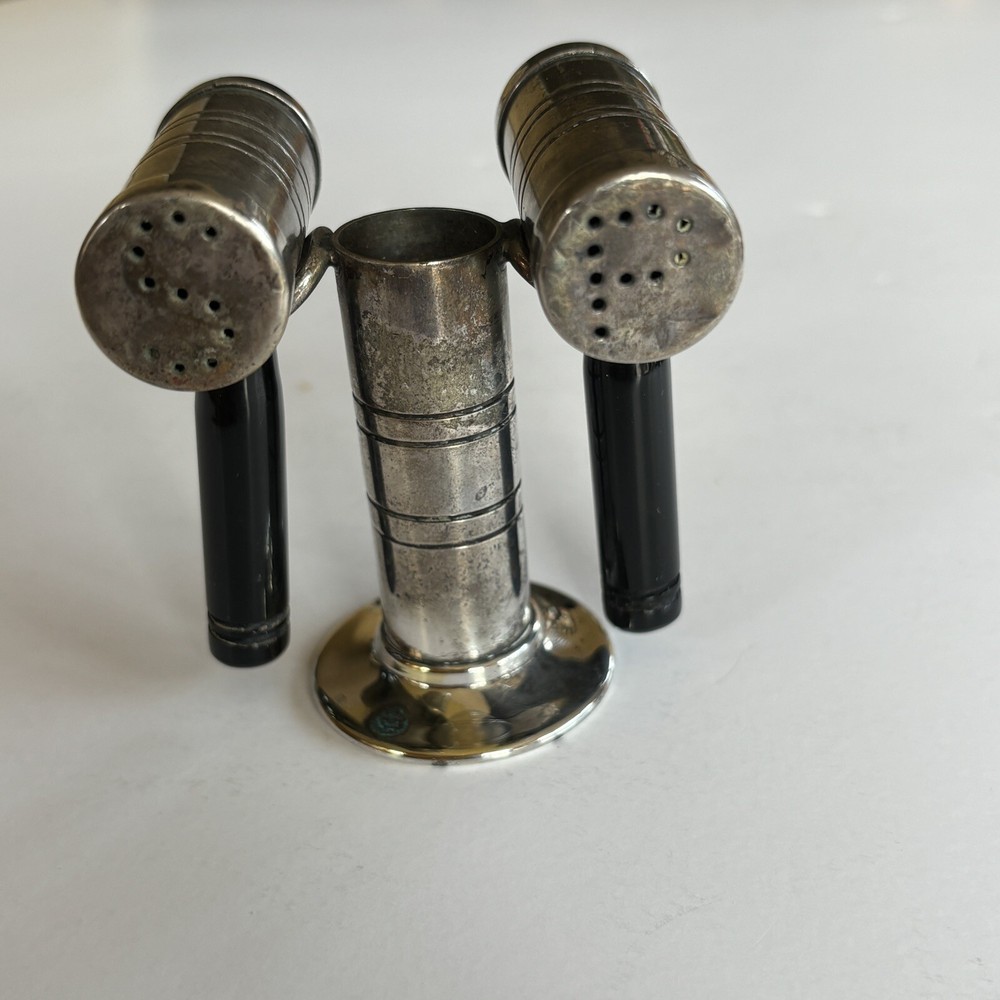 Vintage Gavel Salt Pepper Shaker Set With Holder - Silver Plated