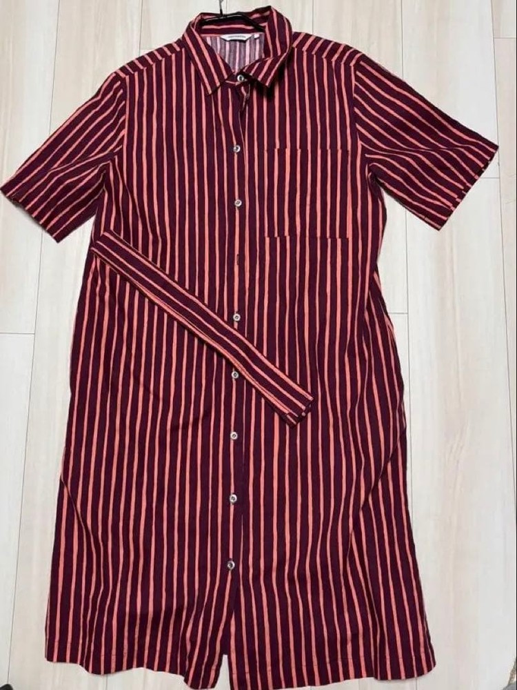 Marimekko Shirt Dress Short Sleeve Purple Orange Stripes Size 38 With Pockets