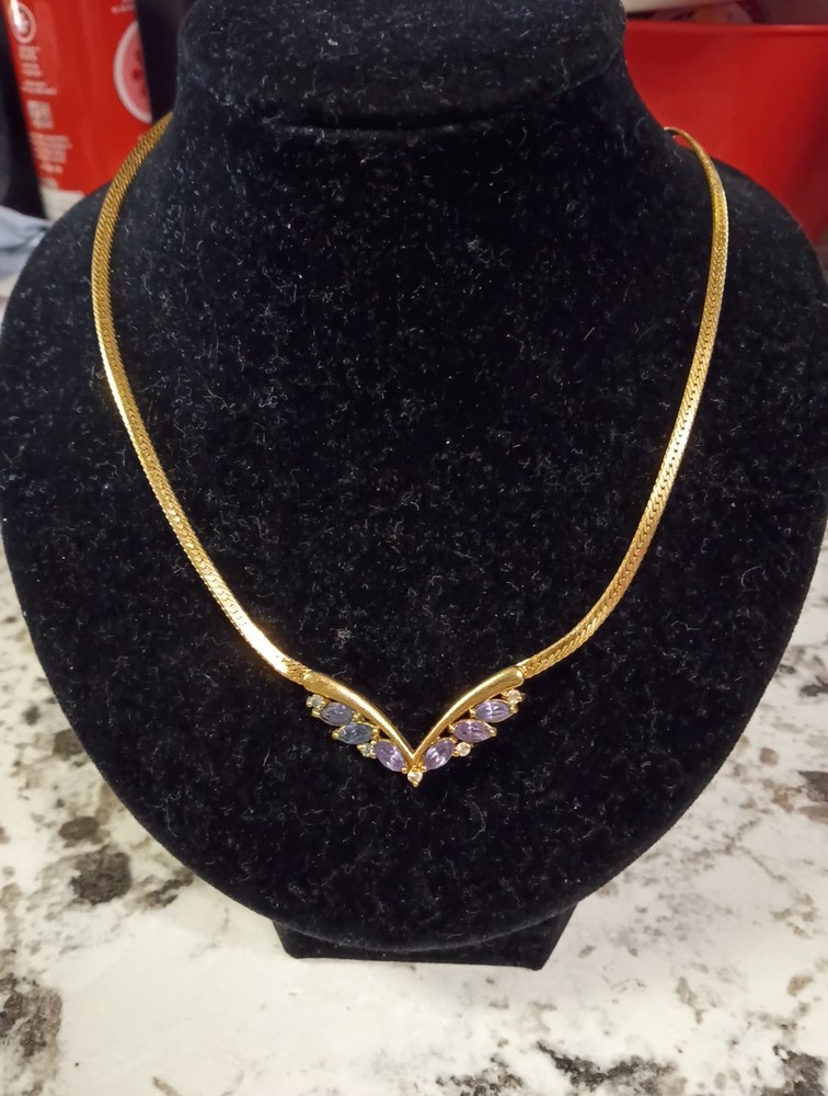 Vintage Avon Goldtone Herringbone Necklace With Purple Rhinestone Chevron Accent