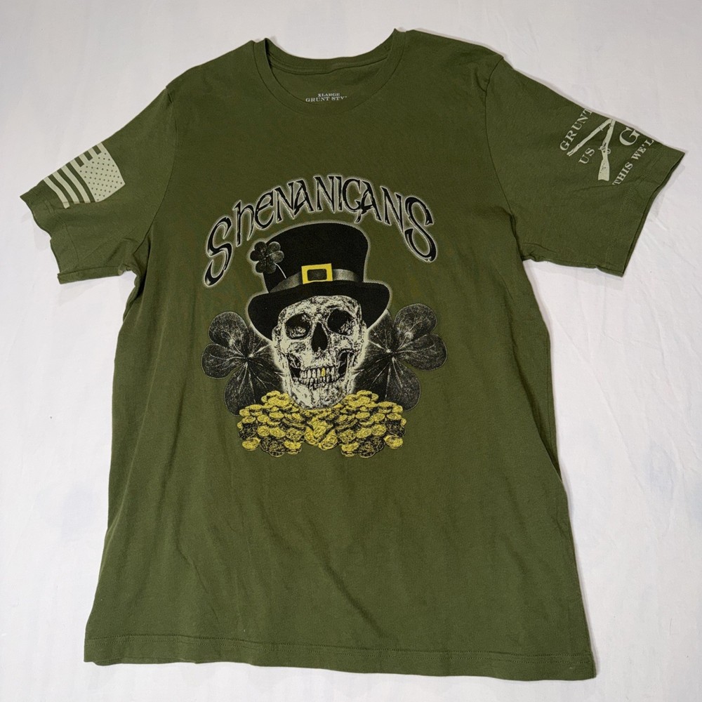 Grunt Style Shenanigans T Shirt Mens Size XL Green Leprechaun Skull