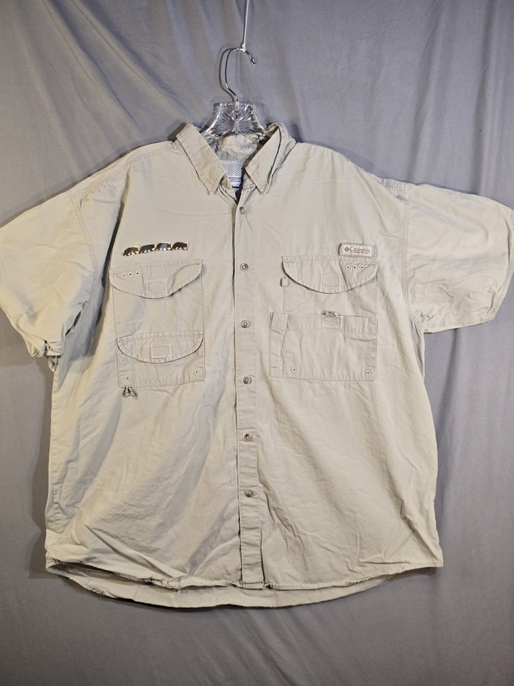 Columbia PFG Mens Large Beige Fishing Shirt Short Sleeve Vented Outdoor