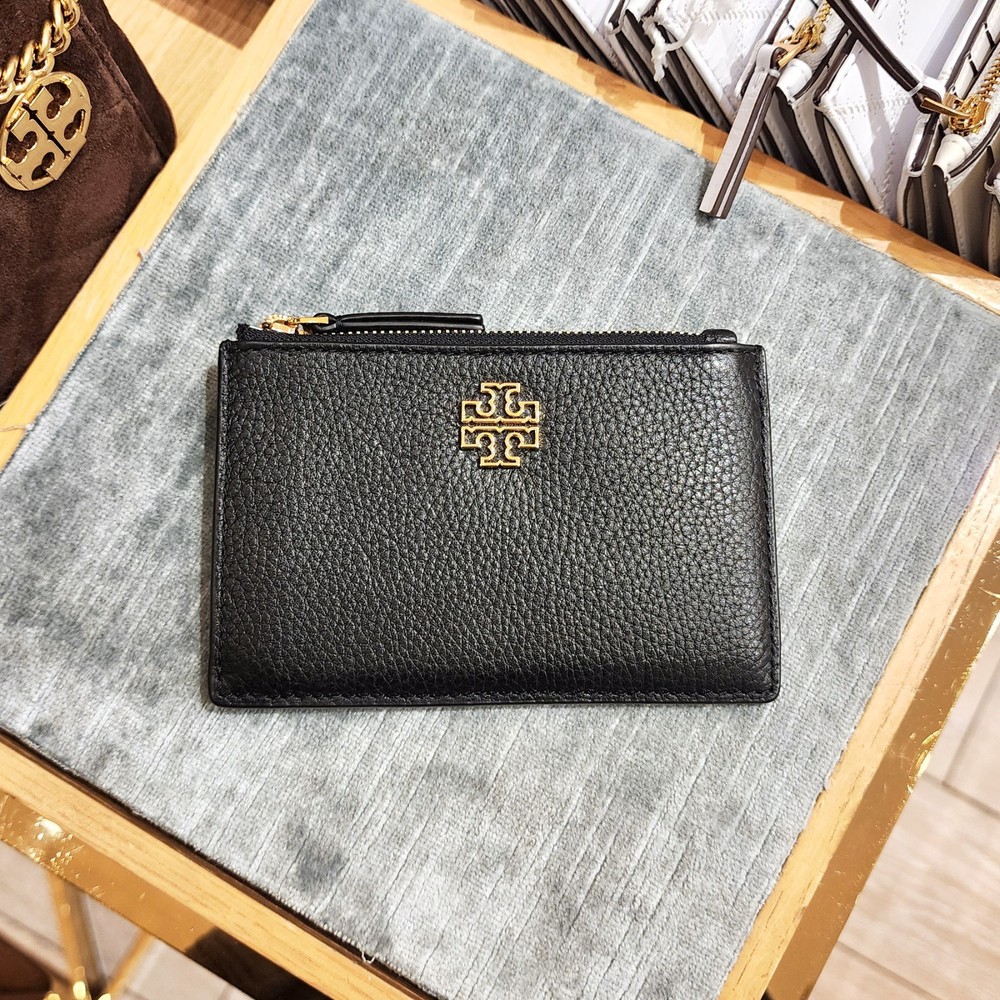Authentic New Tory Burch Britten Black Pebbled Leather Zip Card Case 141006