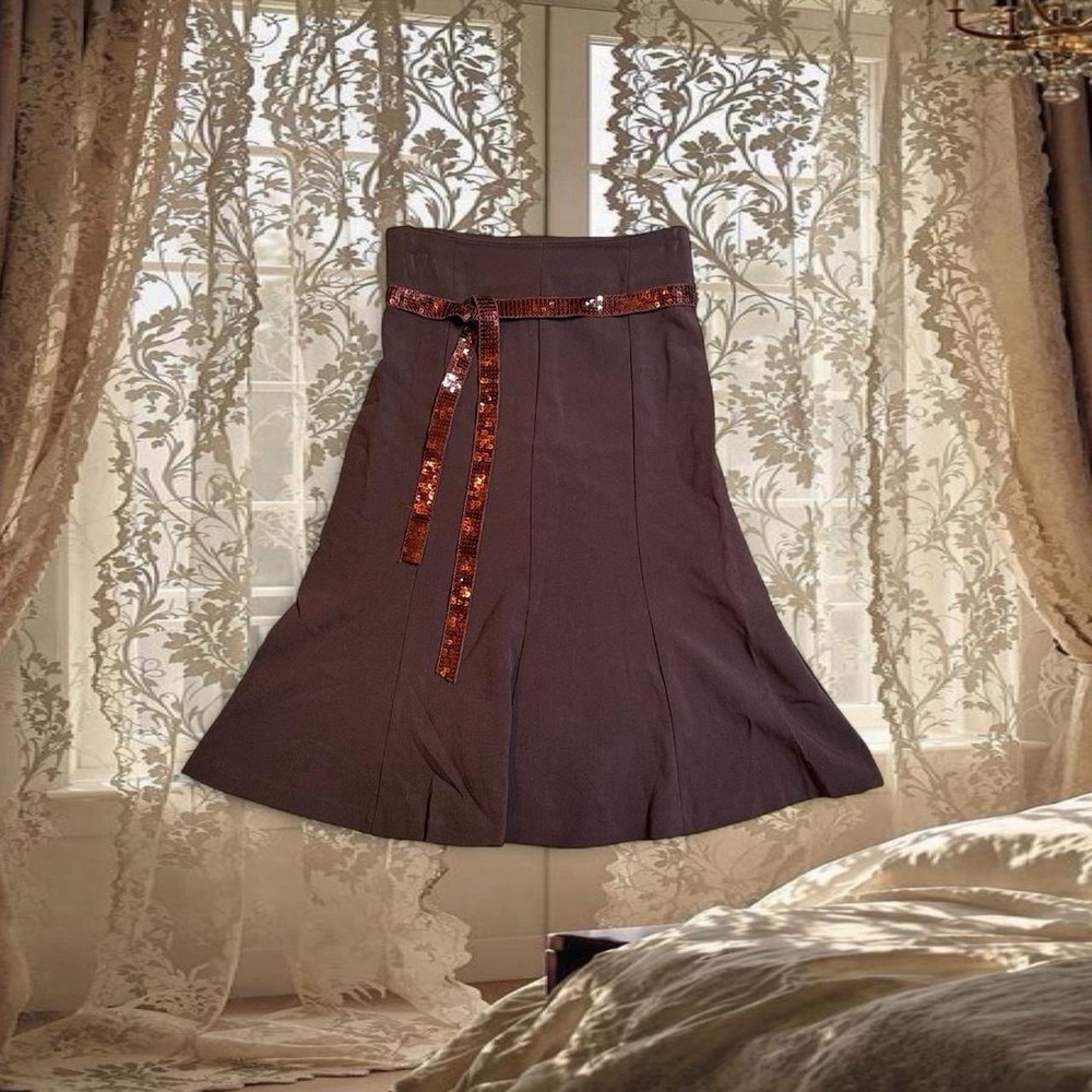 Vintage Y2K Deadstock Brown Midi Flare Skirt with Sequin Belt
