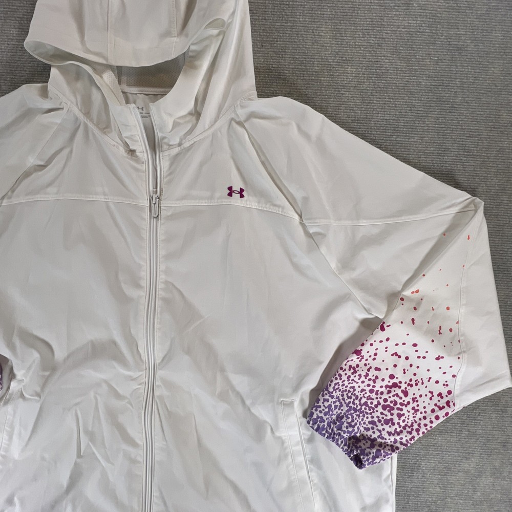 Under Armour Womens White Pink Purple Splatter Hooded Windbreaker Jacket SZ: 2XL