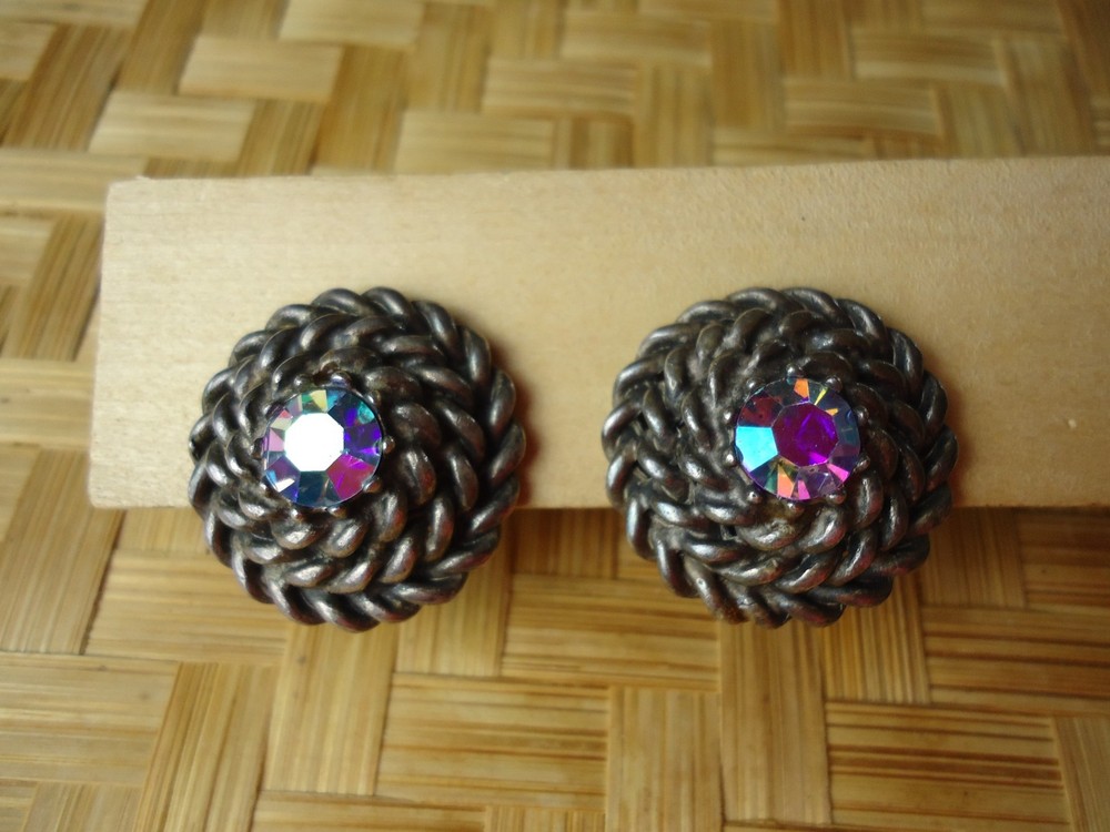 VTG Coro Signed Silver Tone Rope AB Rhinestone Clip On Earrings Chunky Statement