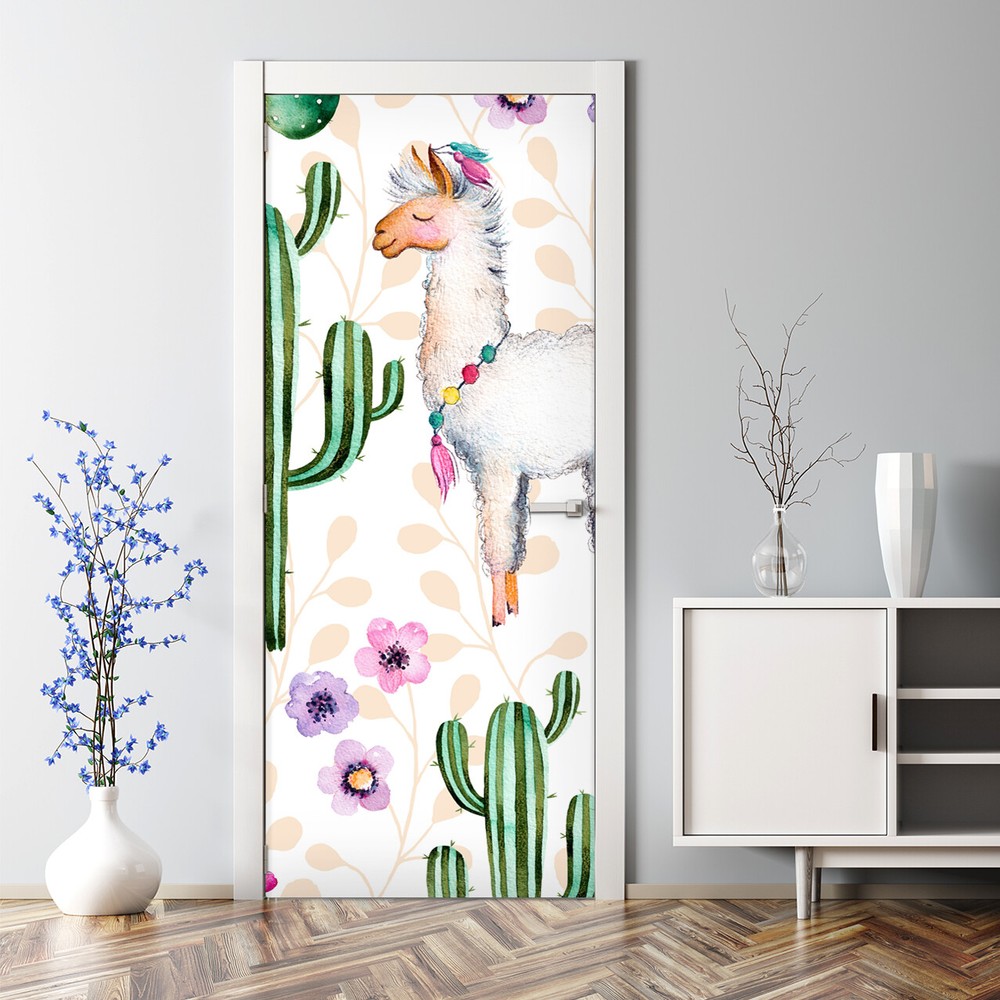 Lama Bubble Free Self-Adhesive Door Decal with Cacti Animal Design  