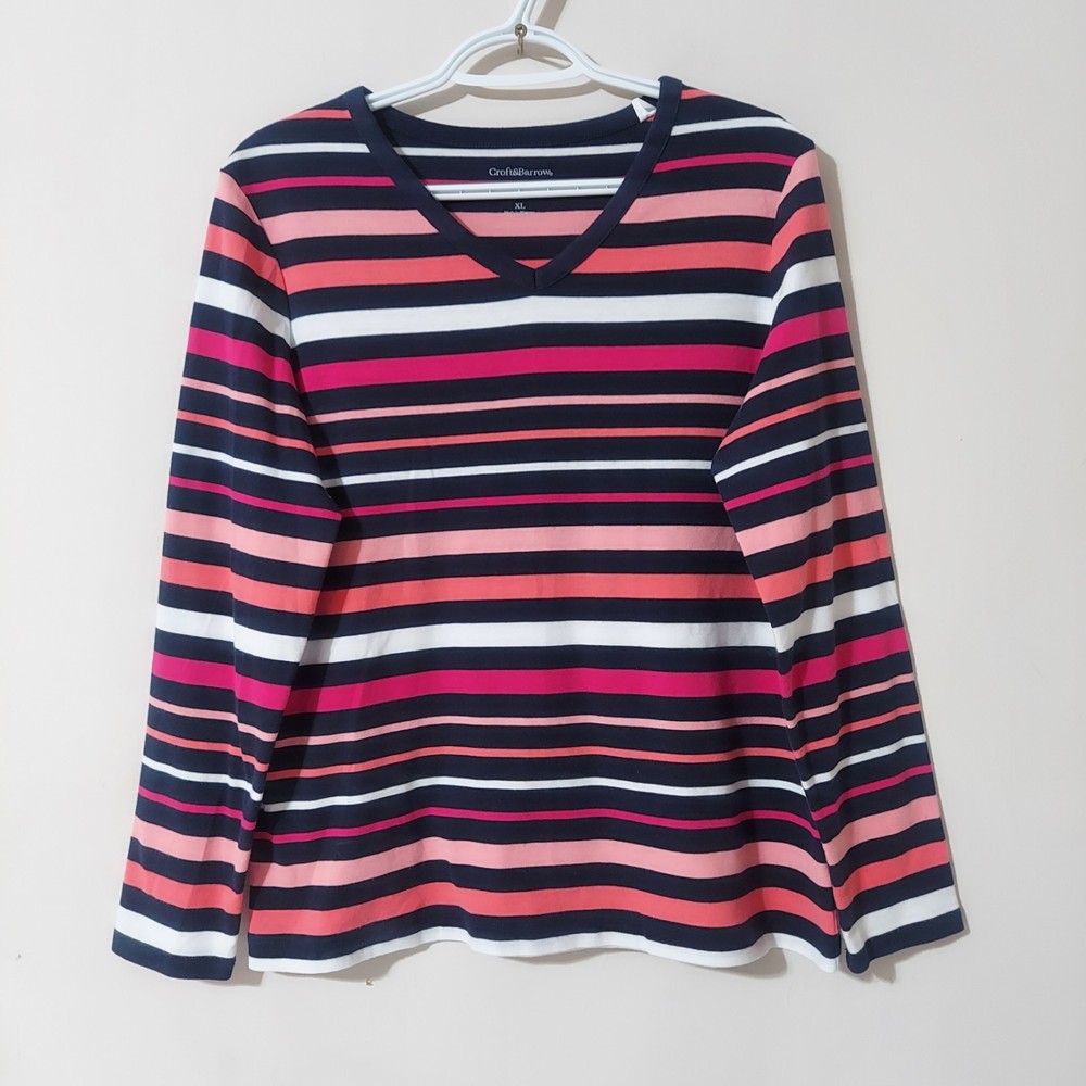 Croft&Barrow Women's XL Classic Tee Long-sleeve Striped V-neck Pullover Top