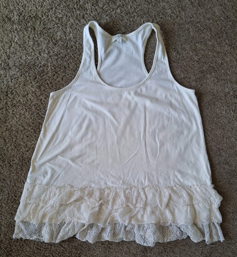 Umgee Womens  Oversized Tank Top Tunic Small Beige Ruffled Tiered Hem Lagenlook