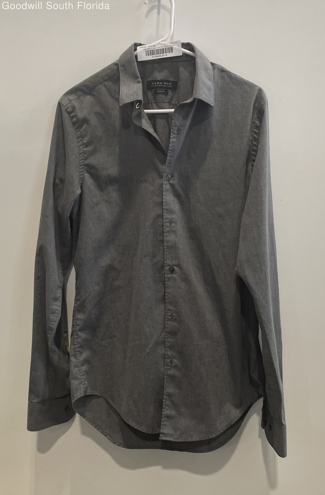 Zara Mens Gray Long Sleeve Spread Collar Slim Fit Button-Up Shirt Size M
