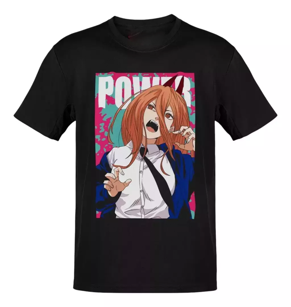 Anime Chainsaw Man Power Panel Rosa Azul Letras Blancas T-Shirt Size S-5XL