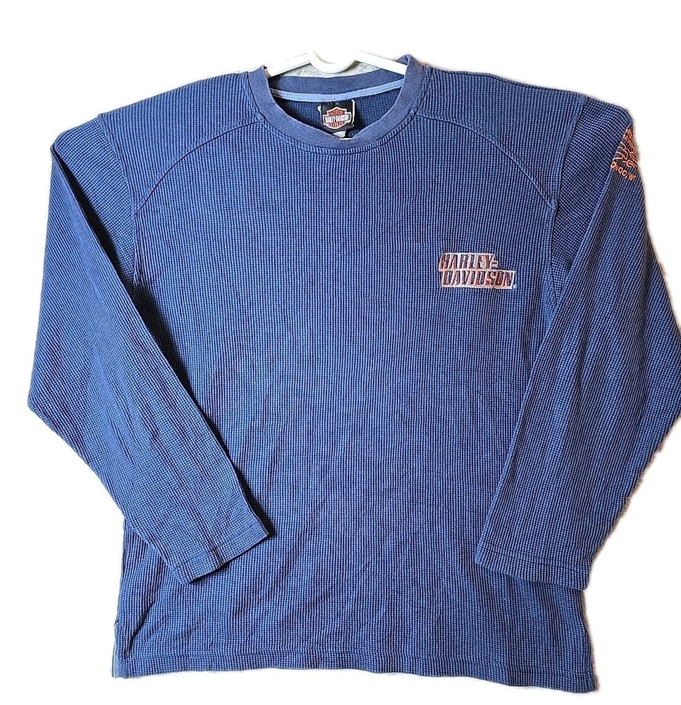 Harley Davidson Mens Thermal Long Sleeve Shirt Waffle Knit Blue Embroidered M/L