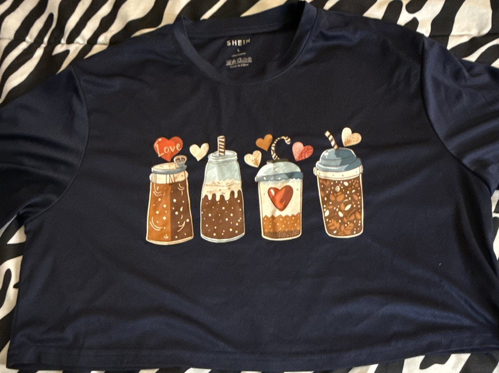SHEIN Navy Blue Cropped Graphic Coffee Love Jersey T-Shirt Women's L