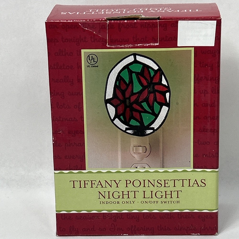 Tiffany Style Poinsettias Night Light Floral Glittery Greenery READ