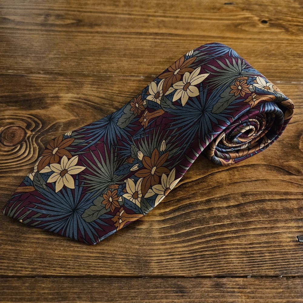 Aquascutum London 100% Silk Floral Necktie Burgundy Blue Gold Hand Finished