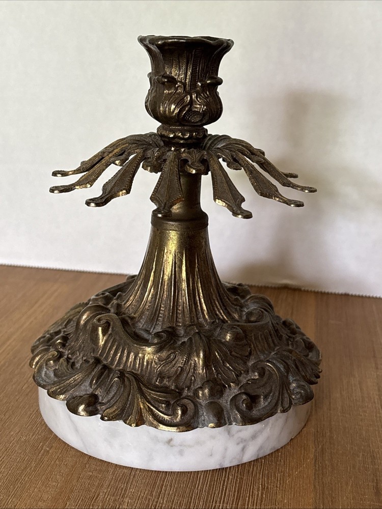 Vintage Ornate Brass Single Candlestick Holder With Thick Marble Base