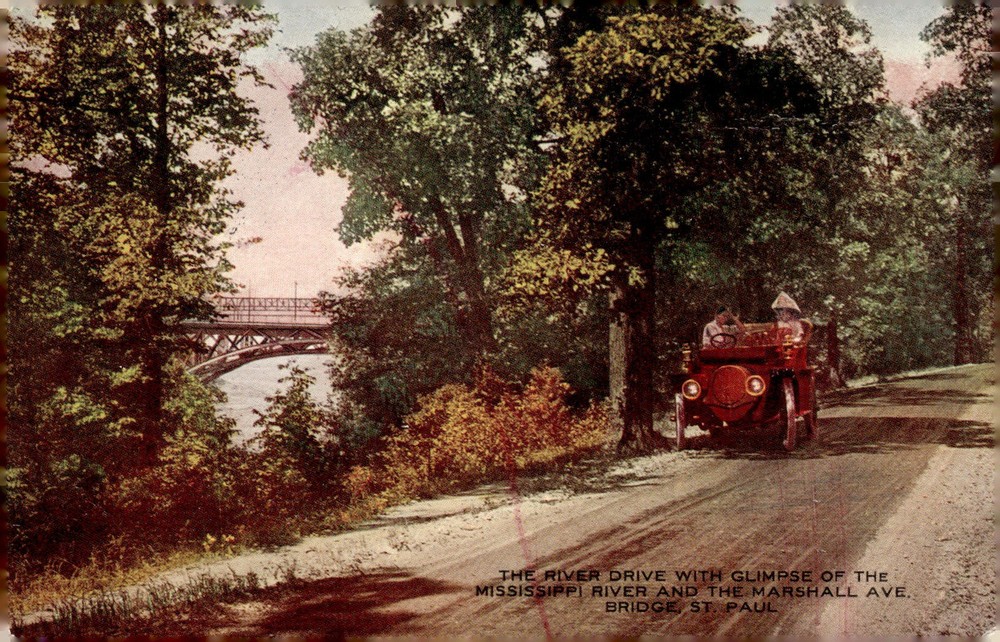C1910 Marshall Ave Bridge Mississippi River St Paul MN Early Auto Litho Postcard