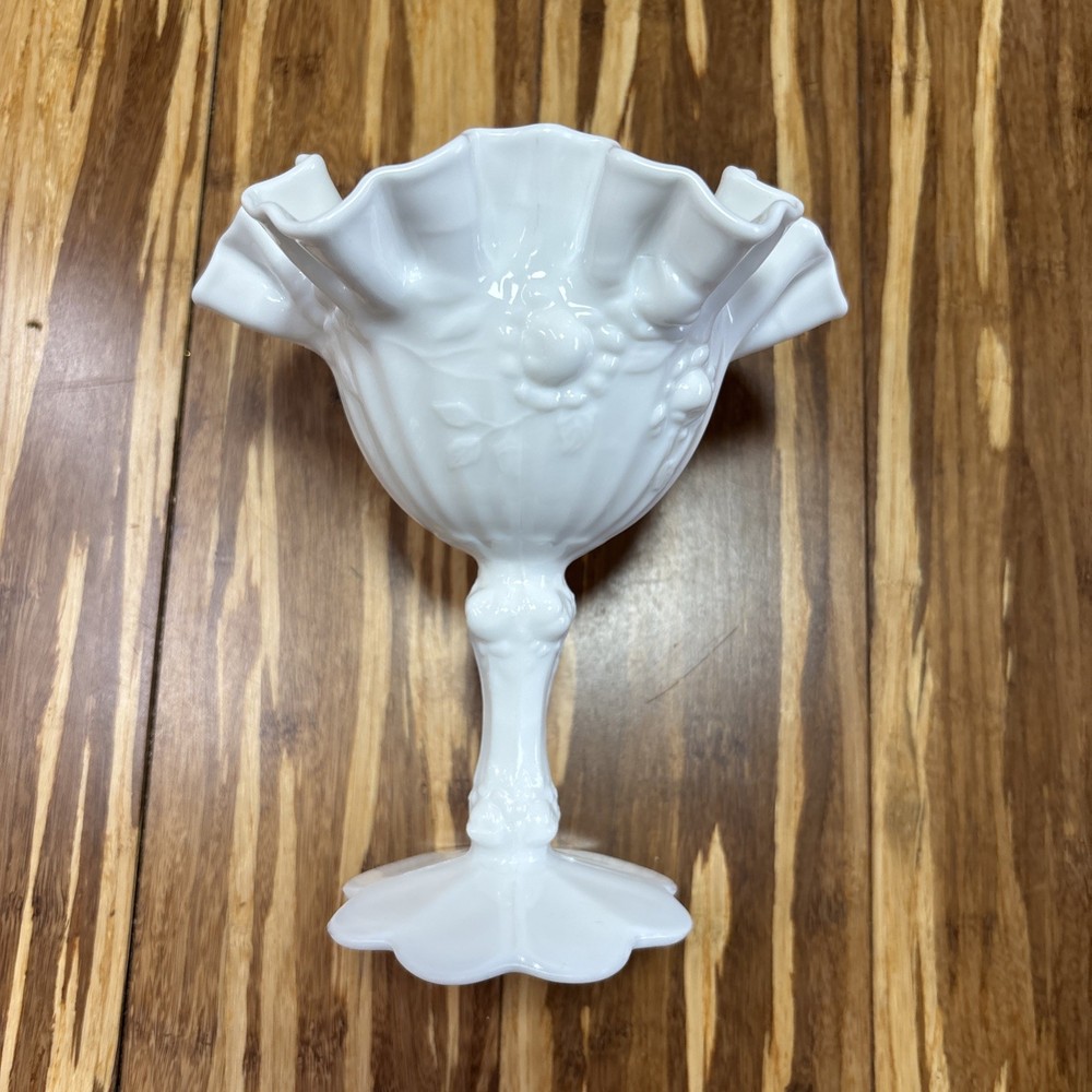 MCM Vintage Fenton Milk Glass Cabbage  Rose Pedestal Compote Candy Dish USA