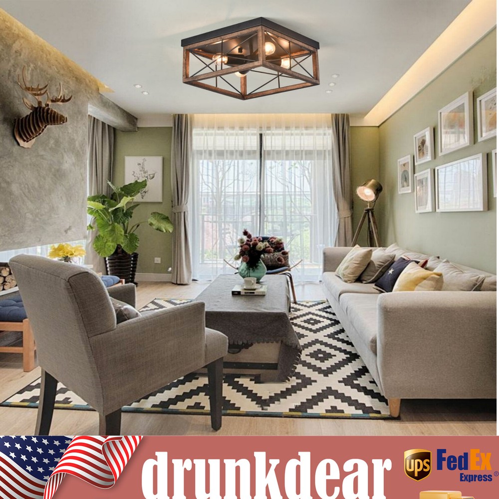 Rustic 4-Light Square Flush Mount Ceiling Lamp in Metal & Wood