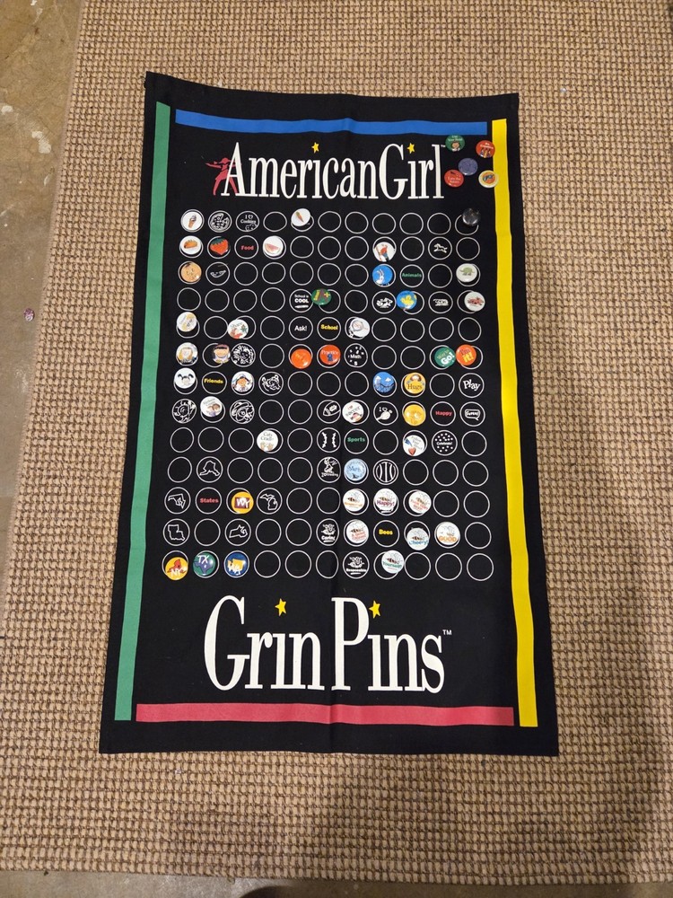 Vintage American Girl Grin Pins Fabric Display Banner + Pin Lot Pleasant Company