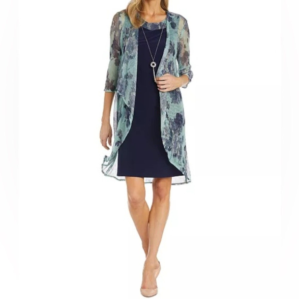 R&M Richards Printed Crinkle Jacket Dress With Detachable Necklace Women’s Sz 8