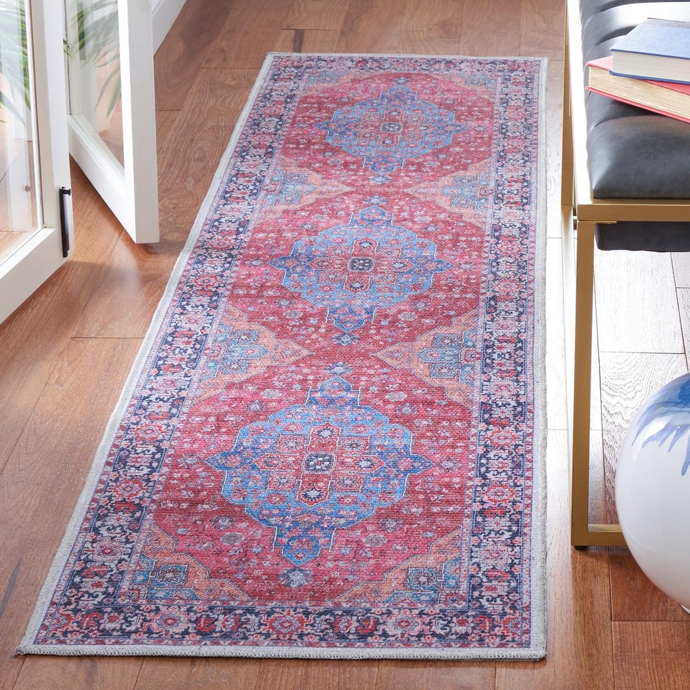 Serapi 2x8 Runner Rug in Blue Rust Non-Shed Slip-Resistant High Traffic