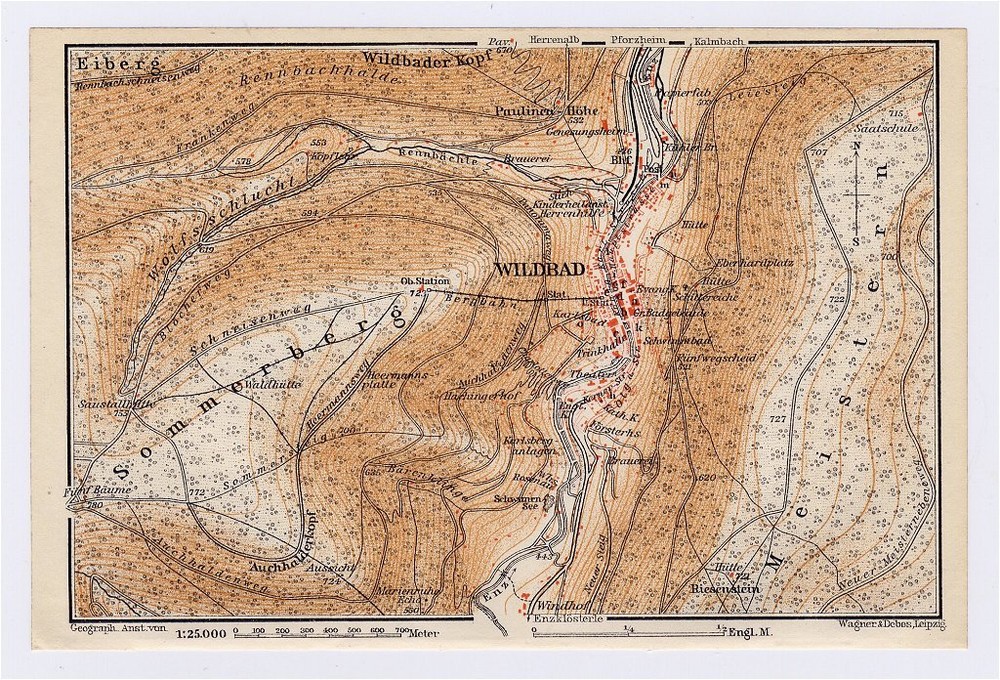 1910 Antique City Map Of Bad Wildbad / Baden Wuerttemberg / Germany