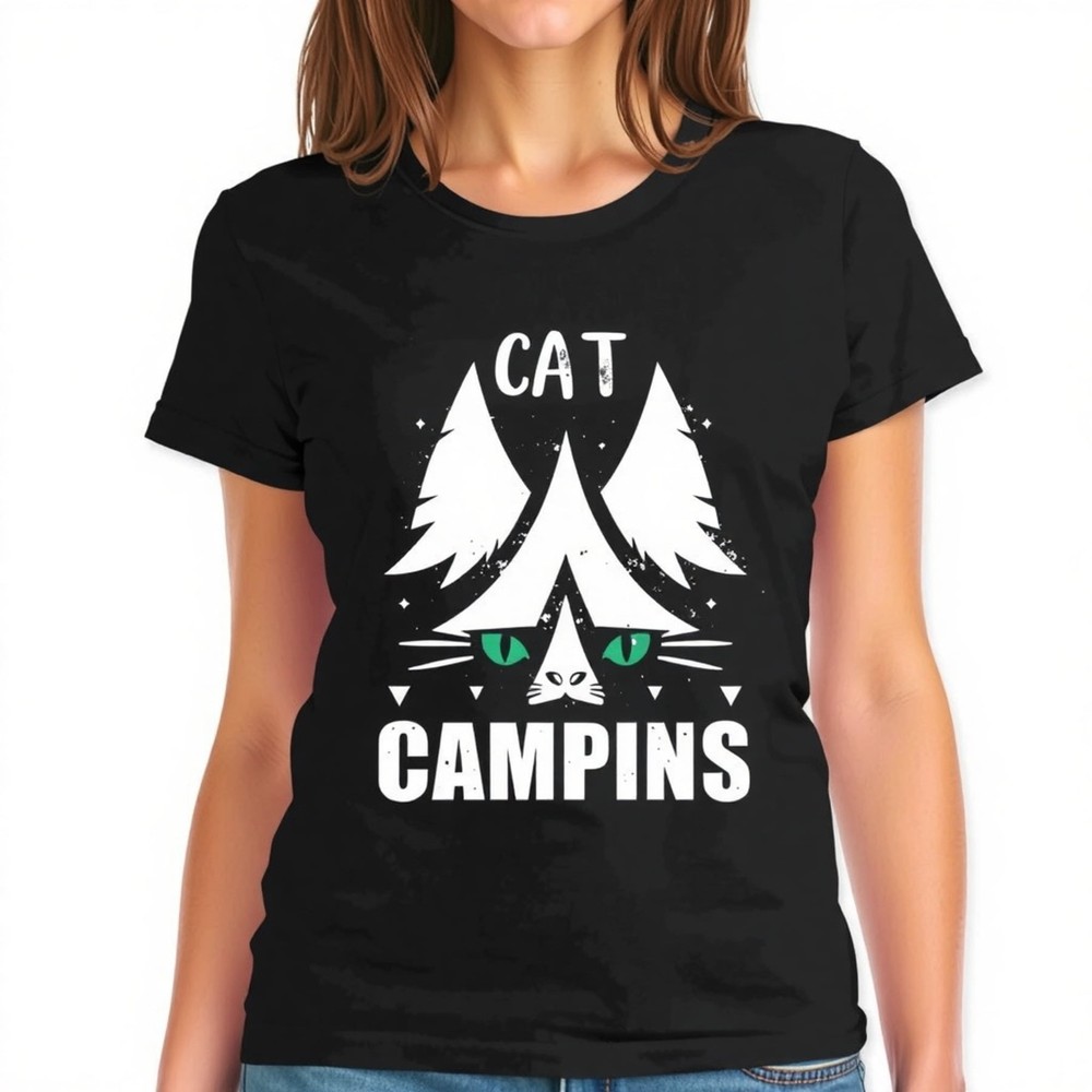 Vintage Cat Campins T-Shirt - Graphic Tee with Green Eyes