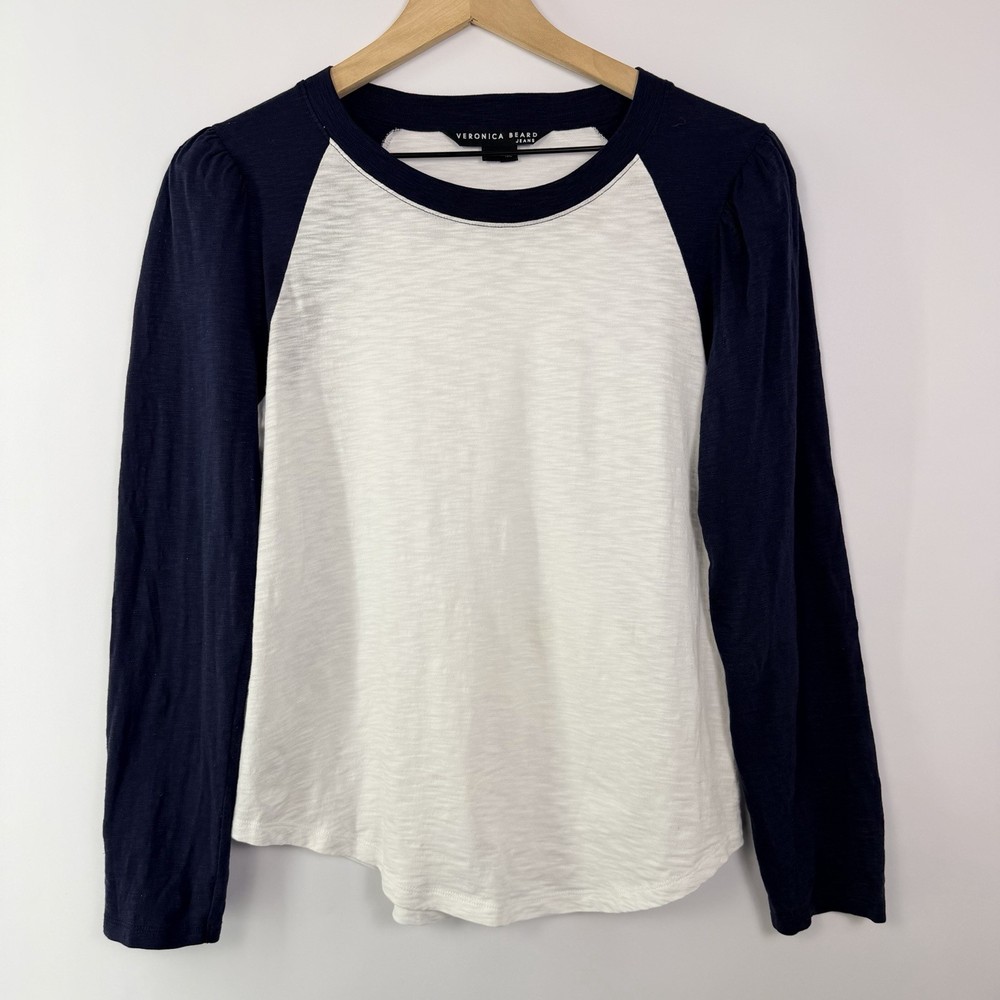 Veronica Beard Jeans Raglan Long Sleeve Tee Navy White Pima Cotton M Colorblock