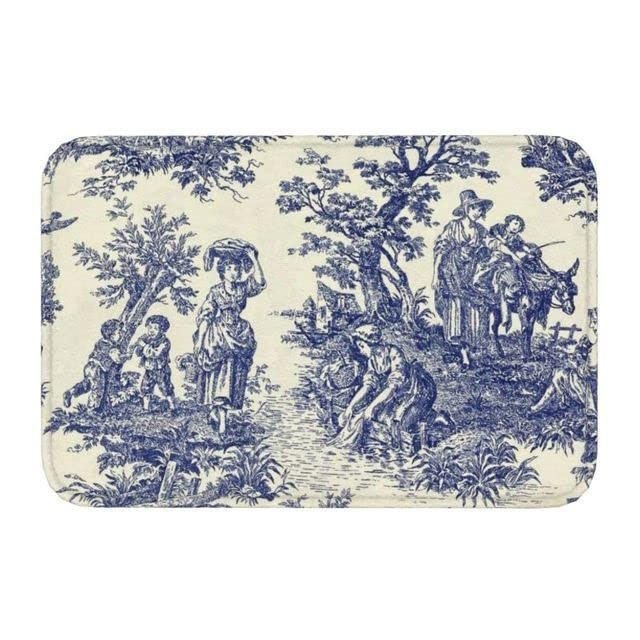 Toile De Jouy Blue French Navy Blue Motif Bath Mats Non-Slip Absorbent Soft P...