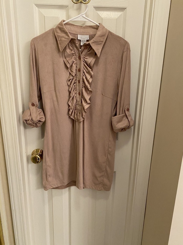 Soft Surroundings Ruffled Tunic Top Med Blush Dusty Rose Buttons SOFT Romantic