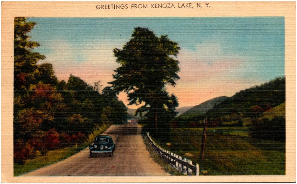 Greetings from Kenoza Lake New York NY Country Lane & Car 1944 Linen Postcard