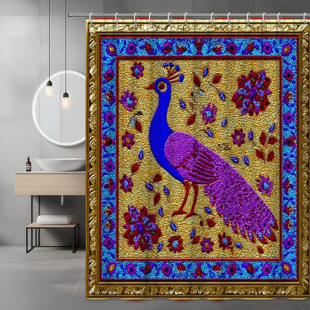 Peacock Floral Shower Curtain Blue Purple Gold Print