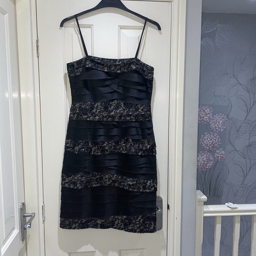 Phase Eight Black Sequin Strappy Ruched Ruffle Lace Satin Mini Party Dress UK 12
