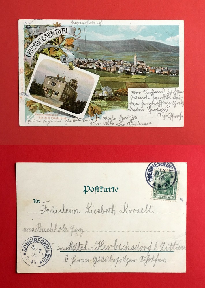 Postcard Oberwiesenthal 1907 accommodation house on the Fichtelberg, town view (48821-image
