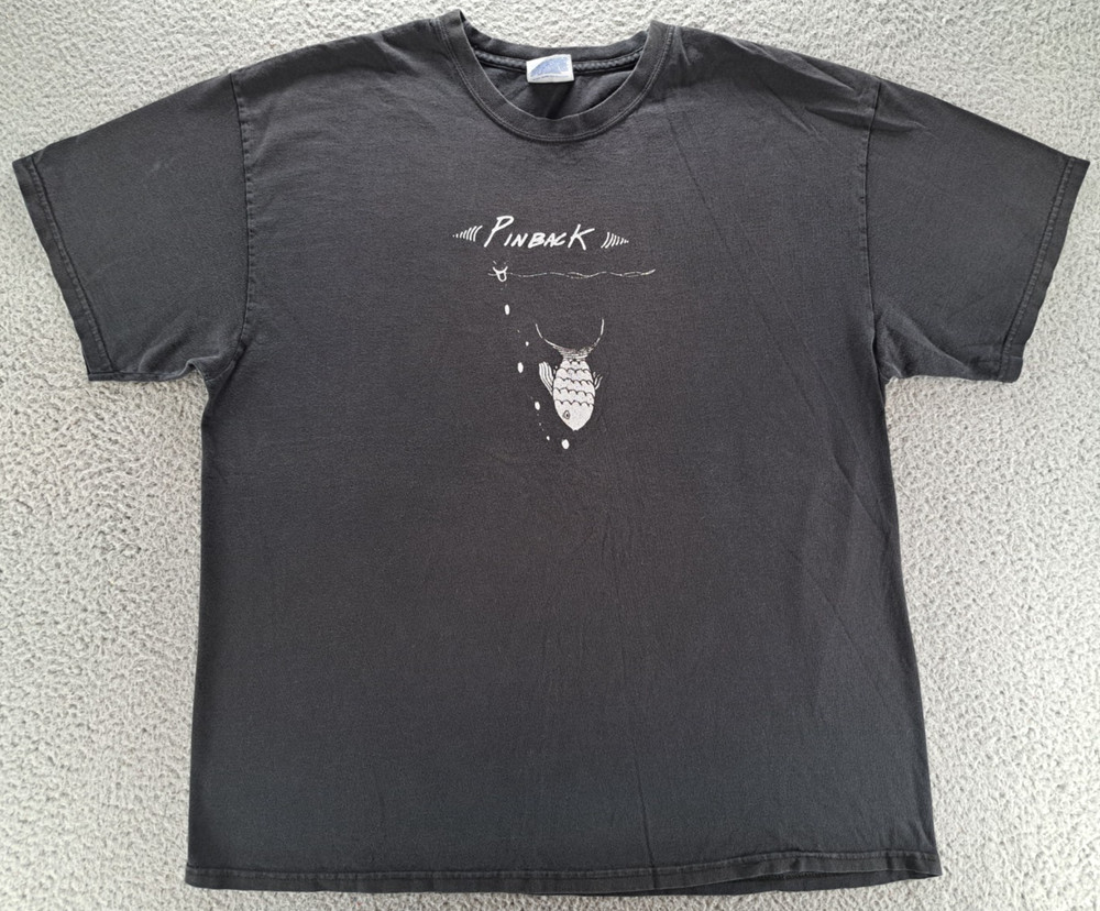 VINTAGE Pinback Indie Rock Band Tour T-Shirt Mens XL Black Fish Debut Promo Y2K