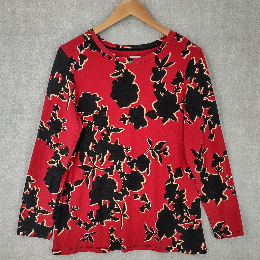 Chicos Stretch Rayon Tunic Top Women 2 Red Black Abstract Artisan Floral Pullovr