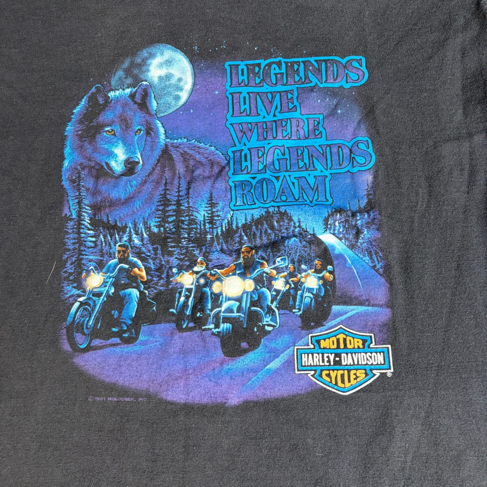 Vintage Harley Davidson Shirt Large Black Double Sided 1991 Bend Oregon Wolf