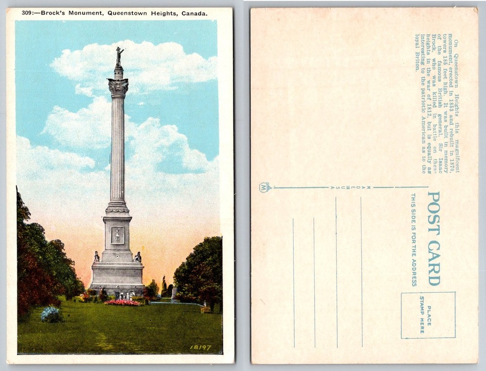 Brock's Monument Queenstown Heights Canada Historic War of 1812 Postcard