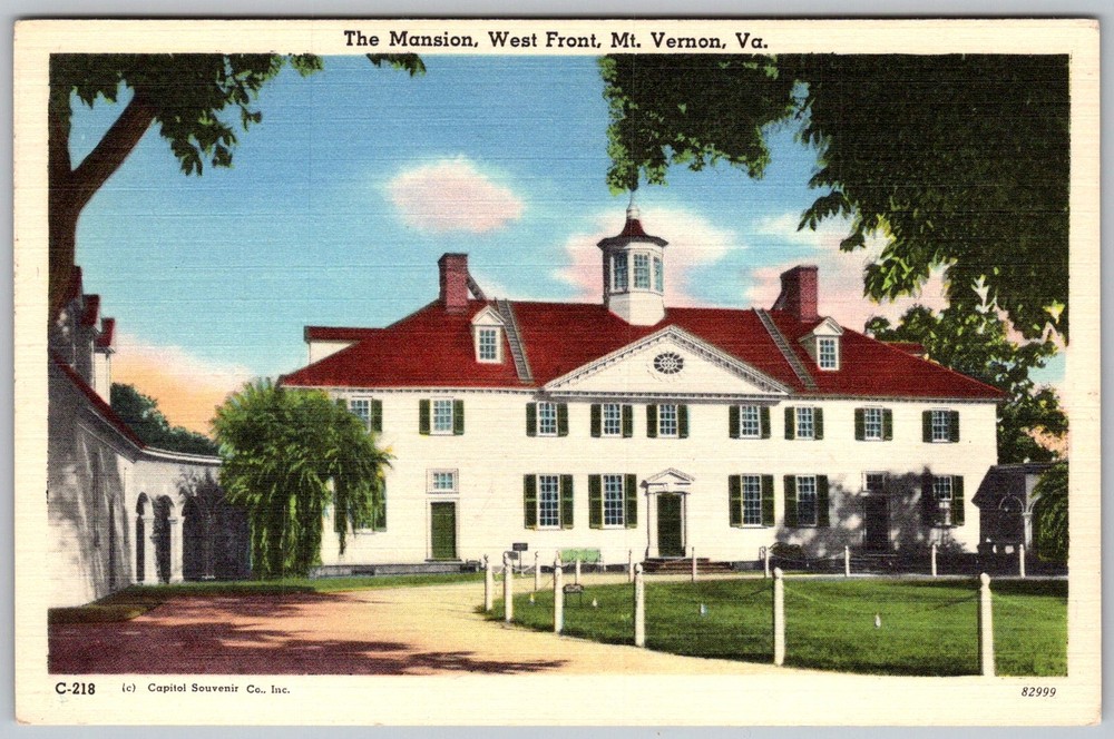 Vtg Linen Postcard Mansion West Front Mount Vernon, VA 1930s