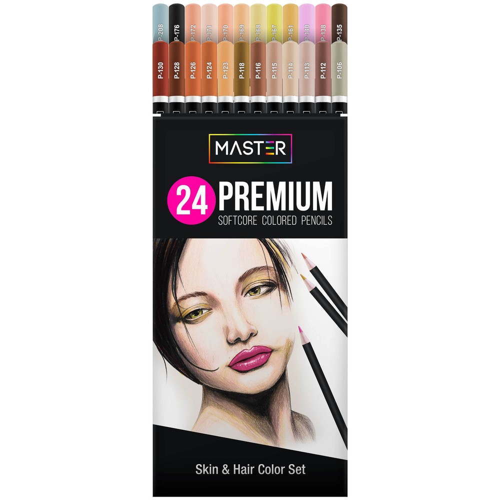 Master 24 Colored Pencil Skin, Hair Color Set, Soft Core Premium Artist Quality