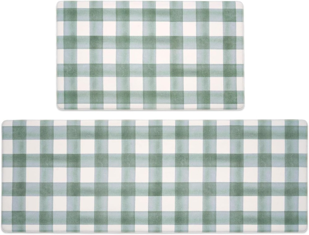 FRESHMINT Modern Farmhouse Plaid 2 Piece Set Kitchen Mats for Sage Green