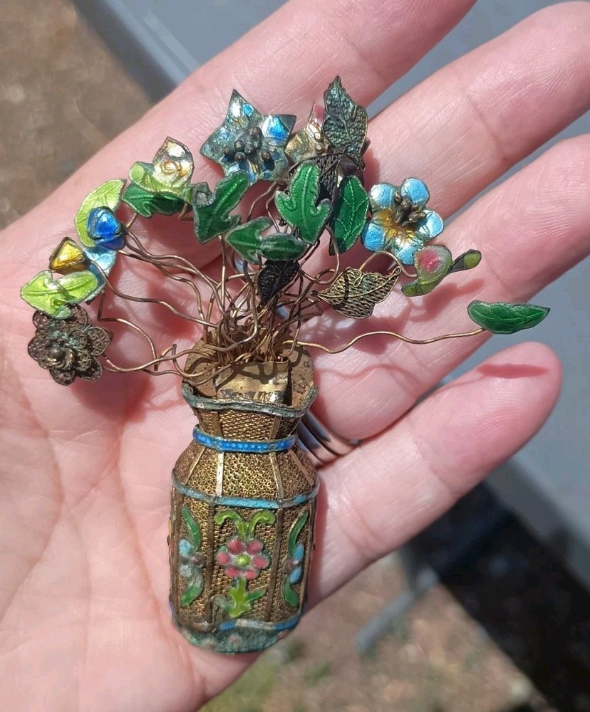 Pretty Antique Enamel Sterling Silver Flower  Vase Pin Brooch Chinese Export