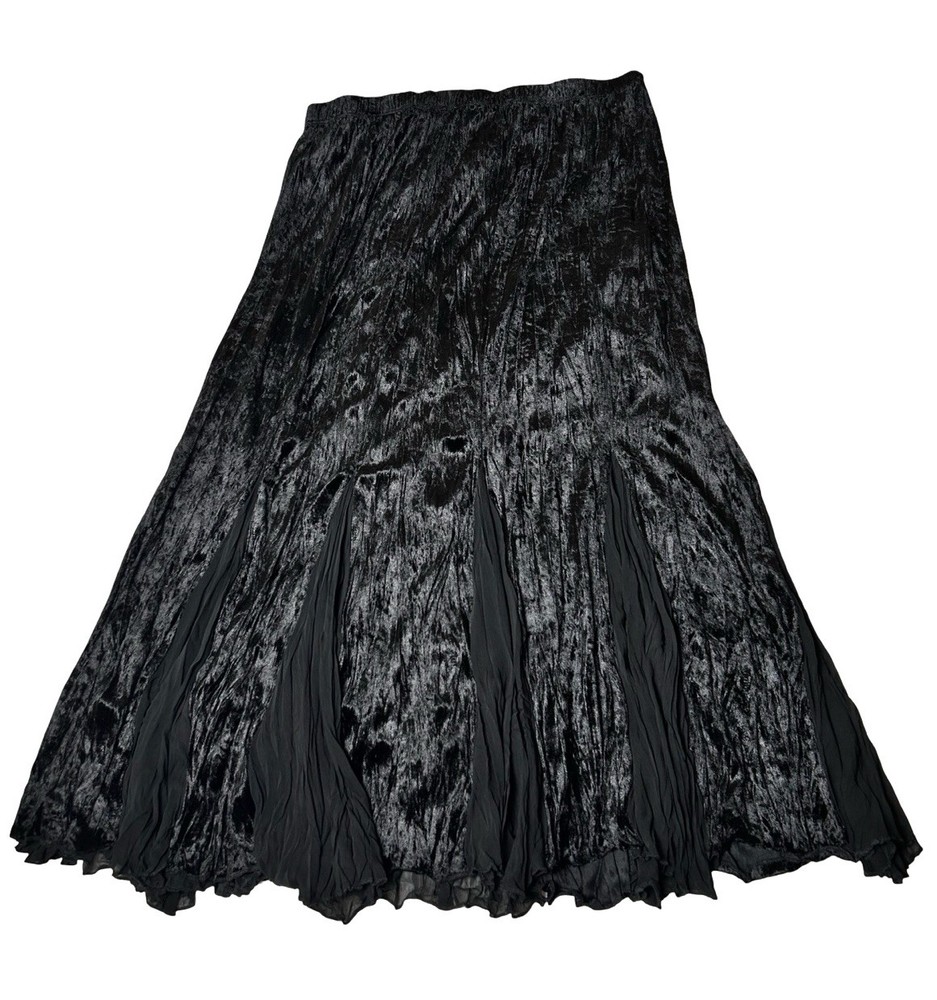 Y2K Crushed Velvet Burnout Midi Skirt Sz L Black Tulip Flared Godet Goth Witchy