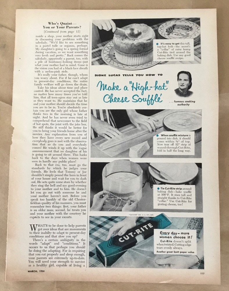 Cut-Rite wax paper 1954 print ad 50s vintage illus art retro Dione Lucas recipe