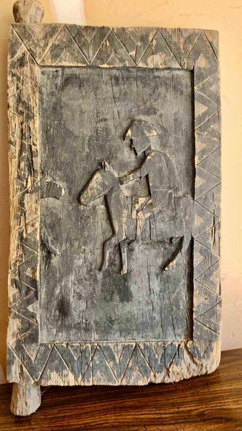 Antique Dogon 15” x 28”  Carved Granary Door from Mali Western Man on Horse RARE