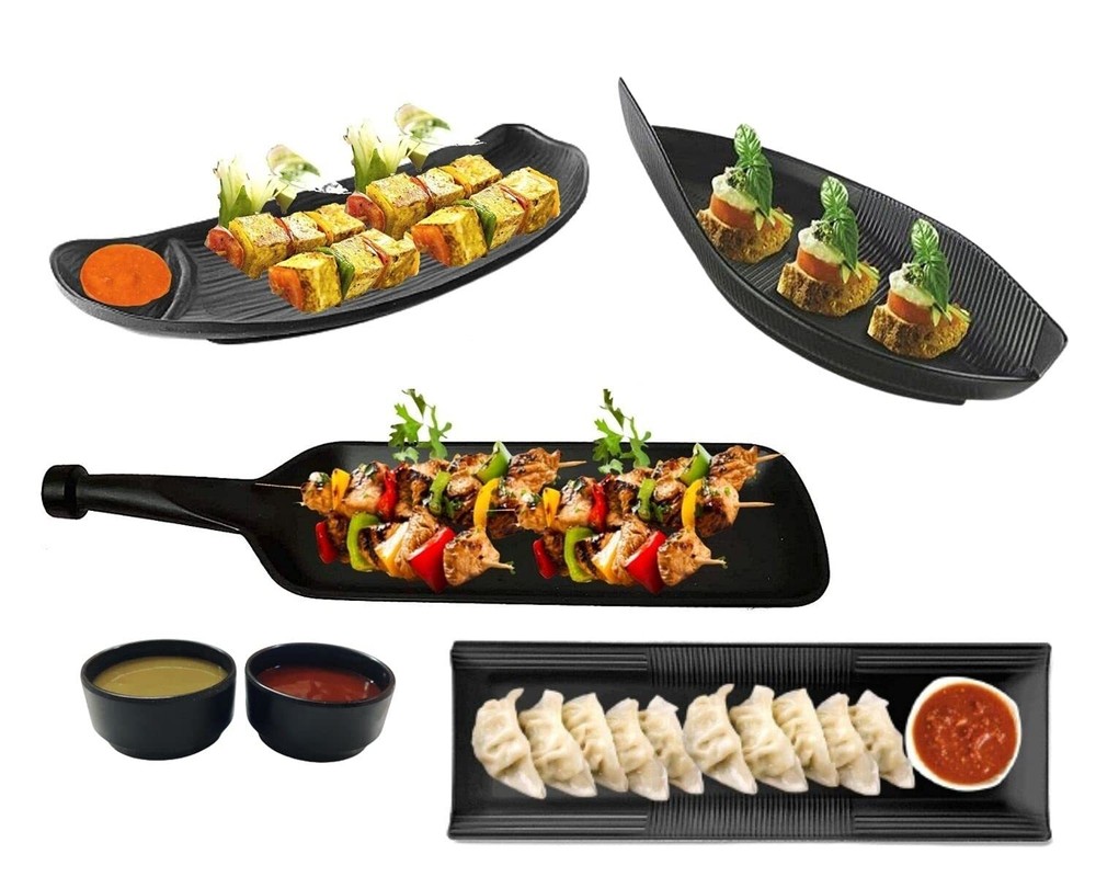 Melamine Dessert and Snacks Serving/Tray (Matt Black, Combo of 6 Pcs)