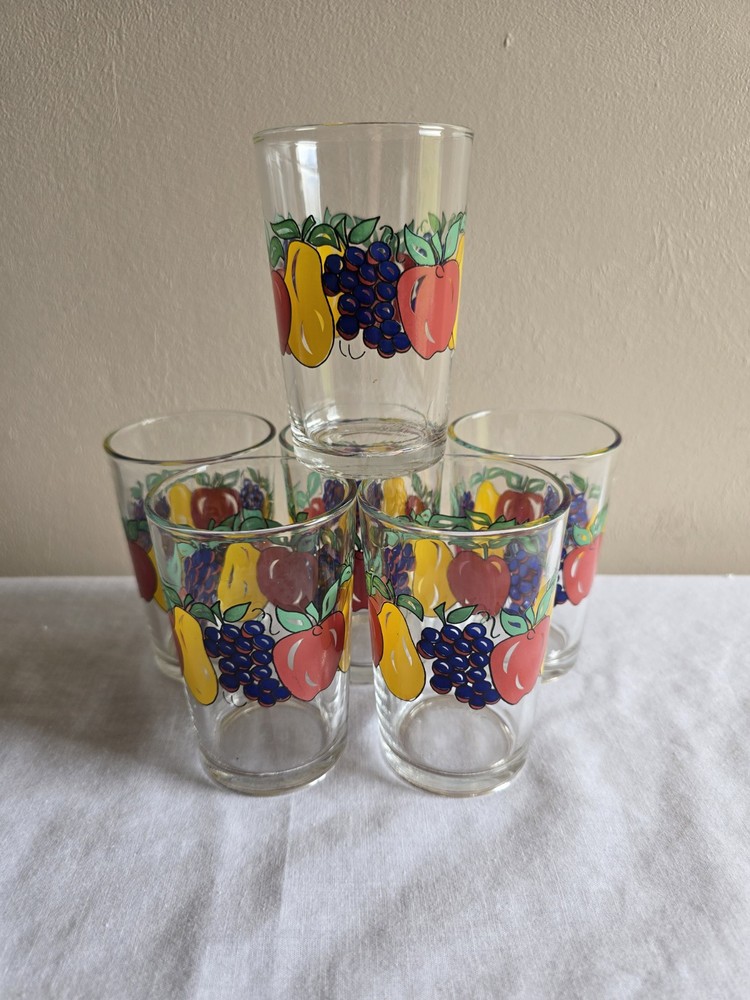Set Of 6 VTG Retro Kig Indonesia Fruit Motif Juice Glasses Apple Pear Grapes 8oz